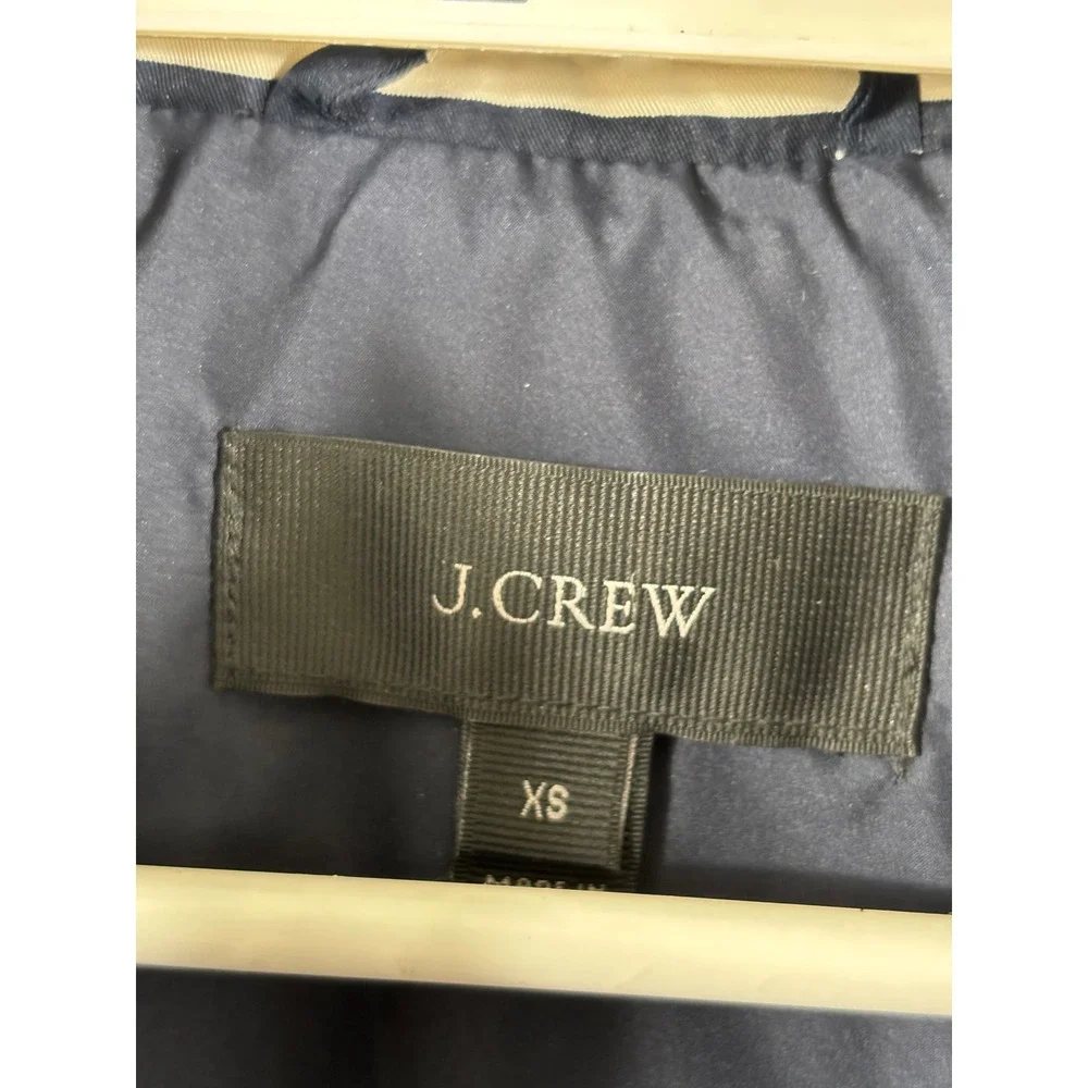 J Crew Quilted Puffer Vest Navy Blue Beige Stripe XS Sleeveless Full Zip Pockets